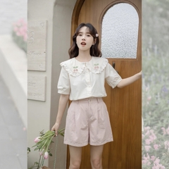 Áo sơ mi bigsize 60kg - 95kg thêu cherry hồng cổ sen phối ren tiểu thư