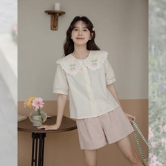 Áo sơ mi bigsize 60kg - 95kg thêu cherry hồng cổ sen phối ren tiểu thư