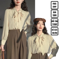 Áo sơ mi big size nữ cổ nơ 60kg - 100kg chất lụa tằm gân mặc đi làm sang trọng