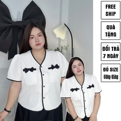 Áo kiểu bigsize phom suông dập hoa nổi túi nơ đen thanh lịch thời trang bigsize