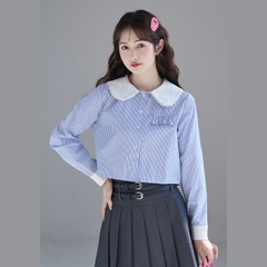 Aó sơ mi bigsize sọc cổ sen 60kg - 95kg phối ren phù hợp mặc đi làm, đi học, đi chơi