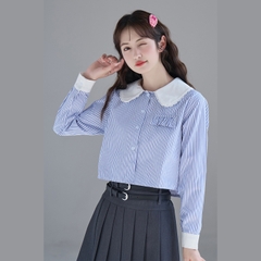 Aó sơ mi bigsize sọc cổ sen 60kg - 95kg phối ren phù hợp mặc đi làm, đi học, đi chơi