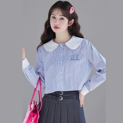 Aó sơ mi bigsize sọc cổ sen 60kg - 95kg phối ren phù hợp mặc đi làm, đi học, đi chơi