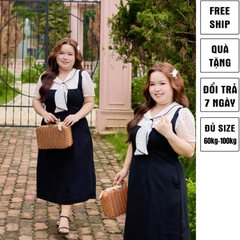 CA030032-Đầm công sở bigsize 60kg-100kg phối voan chấm bi phù hợp mặc đi làm, đi tiệc