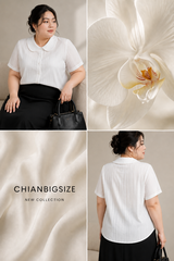 Áo sơ mi bigsize cổ sen chất thô boi thêu nổi họa tiết sọc dọc thiết kế của CHIANBIGSIZE kiểu dáng thanh lịch che khuyết điểm