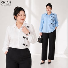 Áo sơ mi bigsize 60kg - 95kg phối lưới đính nơ mặc đi làm đi học