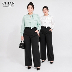 Áo sơ mi bigsize 60kg-95kg nơ cổ đính ngọc trai sang trọng phù hợp mặc đi làm, đi tiệc