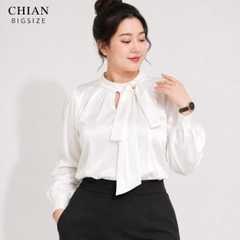 Áo sơ mi bigsize 60kg-95kg nơ cổ đính ngọc trai sang trọng phù hợp mặc đi làm, đi tiệc