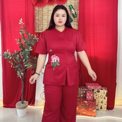 Đồ lam đi chùa bigsize cao cấp thêu hoa mẫu đơn 60kg - 95kg