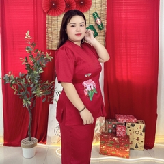 Đồ lam đi chùa bigsize cao cấp thêu hoa mẫu đơn 60kg - 95kg