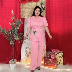 Đồ lam đi chùa bigsize cao cấp thêu hoa mẫu đơn 60kg - 95kg