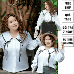 Áo sơ mi nữ bigsize 60kg - 100kg trắng viền đen cổ nơ tay dài phong cách nhẹ nhàng, nữ tính