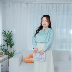 Áo sơ mi bigsize 60kg-95kg nơ cổ đính ngọc trai sang trọng phù hợp mặc đi làm, đi tiệc