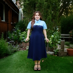 CA030029-Đầm bigsize 60kg - 95kg phối cổ sọc nơ chất tuyết mưa màu xanh đen có độ co giãn nhẹ phù hợp mặc đi tiệc, đi làm, đi chơi