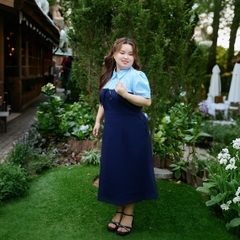 CA030029-Đầm bigsize 60kg - 95kg phối cổ sọc nơ chất tuyết mưa màu xanh đen có độ co giãn nhẹ phù hợp mặc đi tiệc, đi làm, đi chơi