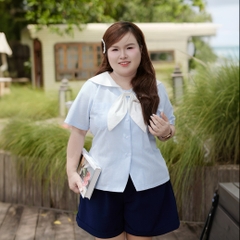 Áo sơ mi bigsize nữ 60kg - 100kg cổ thuỷ thủ nơ xinh hoạ tiết sọc phù hợp mặc đi làm, đi học, đi chơi