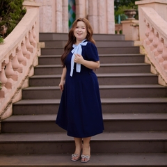 CA030033-Đầm công sở bigsize nữ 60kh -100kg xanh đen phối cổ sọc phù hợp mặc đi làm, đi tiệc, đi chơi