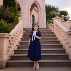 CA030033-Đầm công sở bigsize nữ 60kh -100kg xanh đen phối cổ sọc phù hợp mặc đi làm, đi tiệc, đi chơi