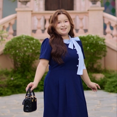 CA030033-Đầm công sở bigsize nữ 60kh -100kg xanh đen phối cổ sọc phù hợp mặc đi làm, đi tiệc, đi chơi