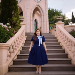 CA030033-Đầm công sở bigsize nữ 60kh -100kg xanh đen phối cổ sọc phù hợp mặc đi làm, đi tiệc, đi chơi