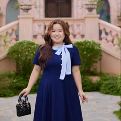 CA030033-Đầm công sở bigsize nữ 60kh -100kg xanh đen phối cổ sọc phù hợp mặc đi làm, đi tiệc, đi chơi