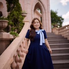 CA030033-Đầm công sở bigsize nữ 60kh -100kg xanh đen phối cổ sọc phù hợp mặc đi làm, đi tiệc, đi chơi