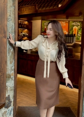 Áo sơ mi big size nữ cổ nơ 60kg - 100kg chất lụa tằm gân mặc đi làm sang trọng