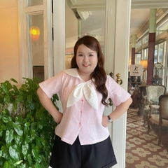 Áo sơ mi bigsize nữ 60kg - 100kg cổ thuỷ thủ nơ xinh hoạ tiết sọc phù hợp mặc đi làm, đi học, đi chơi