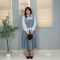 Sét bộ áo sơ mi sọc phối màu chân váy xếp ly xoè dáng dài bigsize 60kg - 95kg