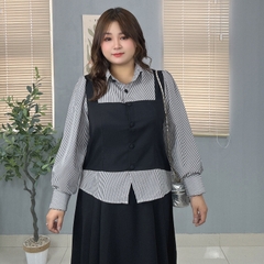Sét bộ áo sơ mi sọc phối màu chân váy xếp ly xoè dáng dài bigsize 60kg - 95kg