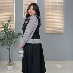 Sét bộ áo sơ mi sọc phối màu chân váy xếp ly xoè dáng dài bigsize 60kg - 95kg