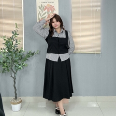 Sét bộ áo sơ mi sọc phối màu chân váy xếp ly xoè dáng dài bigsize 60kg - 95kg