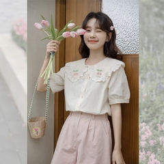 Áo sơ mi bigsize 60kg - 95kg thêu cherry hồng cổ sen phối ren tiểu thư