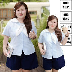 Áo sơ mi bigsize nữ 60kg - 100kg cổ thuỷ thủ nơ xinh hoạ tiết sọc phù hợp mặc đi làm, đi học, đi chơi