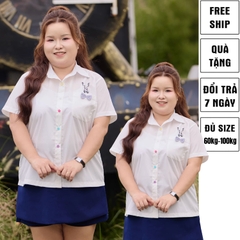 Áo sơ mi trắng nữ bigsize 60kg - 100kg đính thỏ và nơ