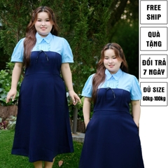 CA030029-Đầm bigsize 60kg - 95kg phối cổ sọc nơ chất tuyết mưa màu xanh đen có độ co giãn nhẹ phù hợp mặc đi tiệc, đi làm, đi chơi