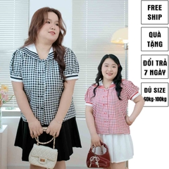 Áo sơ mi caro cổ thủy thủ nữ bigsize 60kg - 95kg phong cách Hàn Quốc thời trang
