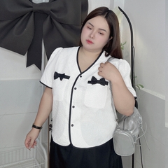 Áo kiểu bigsize phom suông dập hoa nổi túi nơ đen thanh lịch thời trang bigsize