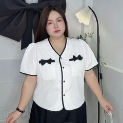 Áo kiểu bigsize phom suông dập hoa nổi túi nơ đen thanh lịch thời trang bigsize