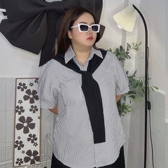 Áo sơ mi nữ sọc dọc cổ sơ mi phối màu bigsize 60kg - 95kg phù hợp mặc đi làm, đi học, đi chơi