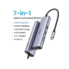 Bộ Chuyển Đổi USB Type C Sang HDMI+SD+TF+PD+2 Cổng USB 3.0+RJ45 Ugreen (90568)