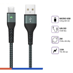 Cáp sạc nhanh LANEX LTC - N14M dây dù 3.0A, cổng kết nối Micro USB, dài 2m, có đèn led