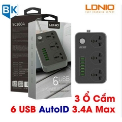 Ổ cắm điện đa năng LDNIO SC3604 3 Chấu 06 cổng USB 2M 2500w màu đen xám chuẩn Châu Âu