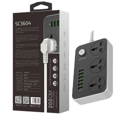 Ổ cắm điện đa năng LDNIO SC3604 3 Chấu 06 cổng USB 2M 2500w màu đen xám chuẩn Châu Âu