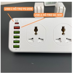Ổ cắm điện đa năng LDNIO SC10610 10 cổng AC 5 cổng USB 1 cổng Type C PD20W 2500W dài 2m màu trắng