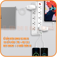 Ổ cắm điện đa năng LDNIO SC10610 10 cổng AC 5 cổng USB 1 cổng Type C PD20W 2500W dài 2m màu trắng