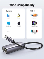 Ugreen Cáp chuyển USB Type C sang mạng Lan, RJ 45 Ugreen 50737 CM199 tốc độ 1Gb/1000Mb màu ghi vỏ nhôm