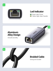 Ugreen Cáp chuyển USB Type C sang mạng Lan, RJ 45 Ugreen 50737 CM199 tốc độ 1Gb/1000Mb màu ghi vỏ nhôm