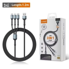 Cáp sạc điện thoại 3 đầu Ịphone /Type C / Micro B LDNIO LC93 cổng USB dài 1.2m màu xám