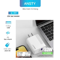 Cốc sạc nhanh điện thoại Type C Ansty Q-074 33W, màu trắng, chuẩn US
